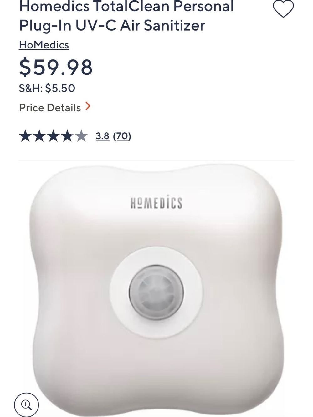 Homedics White Personal Plug-In UV-C Air Sanitizer purifier